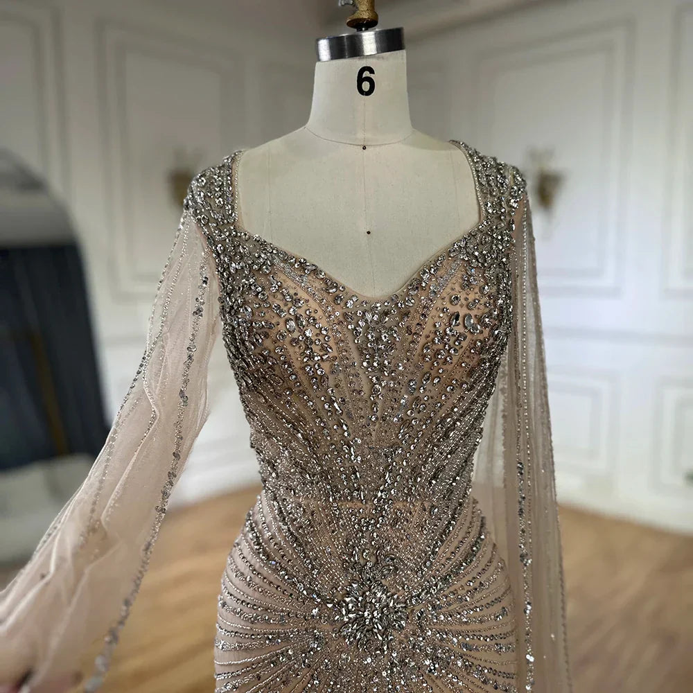 Luxury Dubai   Nude Cape Sleeves Beaded Saudi Arabic Evening Dresses Gowns for Formal Occasion LA72575A