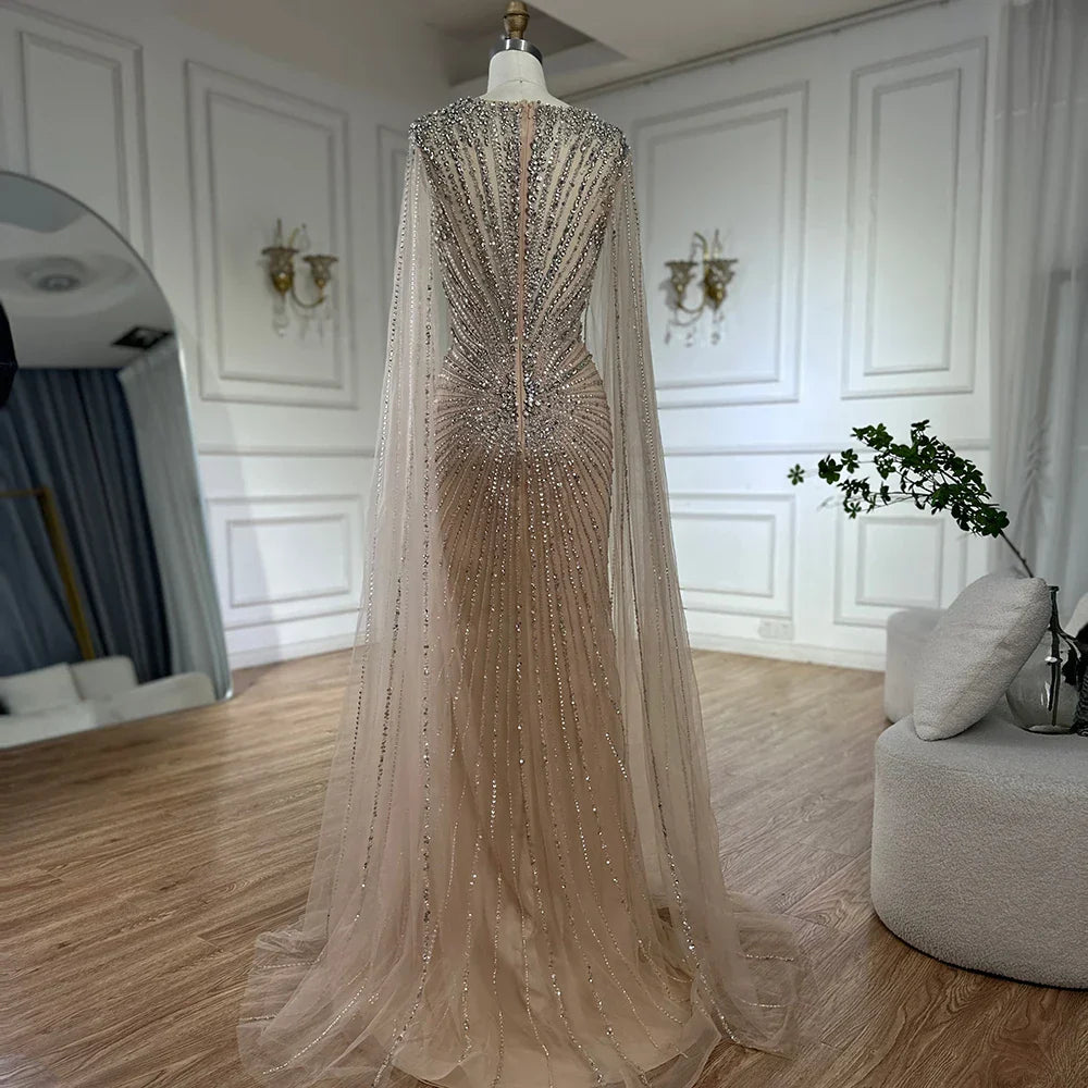 Luxury Dubai   Nude Cape Sleeves Beaded Saudi Arabic Evening Dresses Gowns for Formal Occasion LA72575A