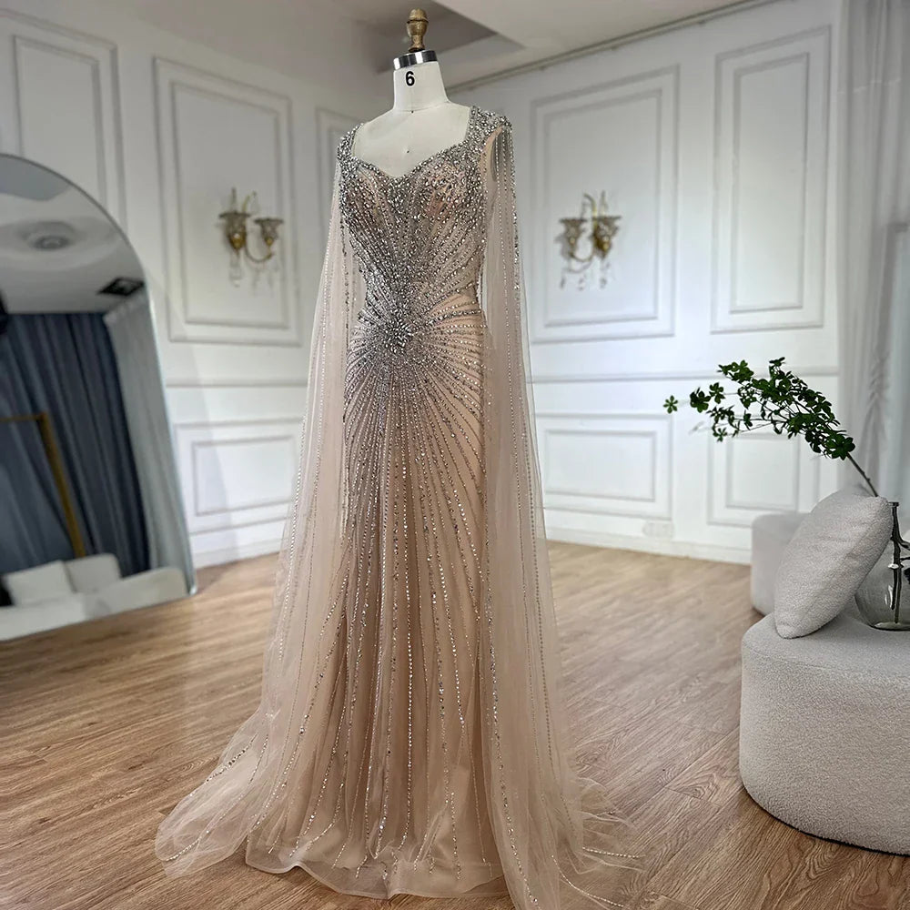 Luxury Dubai   Nude Cape Sleeves Beaded Saudi Arabic Evening Dresses Gowns for Formal Occasion LA72575A
