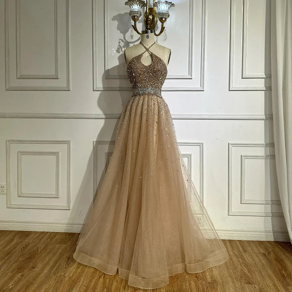 Caramel Halter Beaded Tulle A-Line Evening Gown Dubai Saudi LA72863