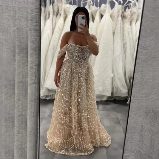 Luxury Nude Off Shoulder A-Line Evening Gown with Pearl Beading LA72738A