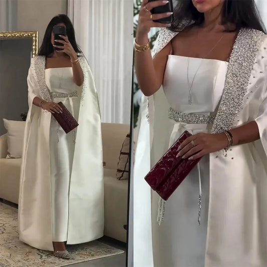 Luxury Dubai White Satin Mermaid Evening Dress with Long Cape LA72825