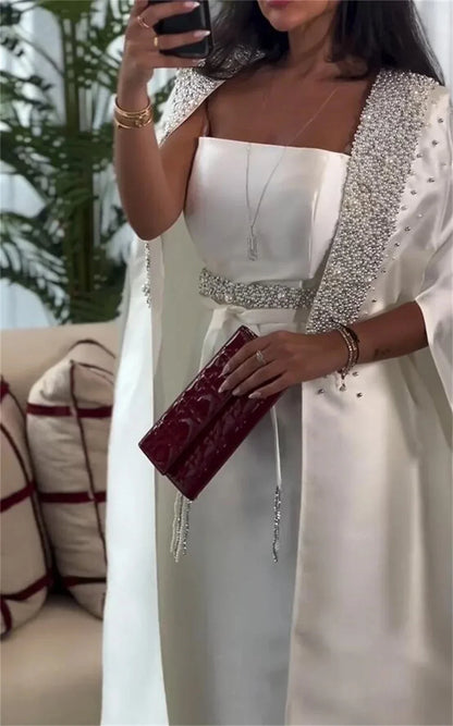 Luxury Dubai White Satin Mermaid Evening Dress with Long Cape LA72825