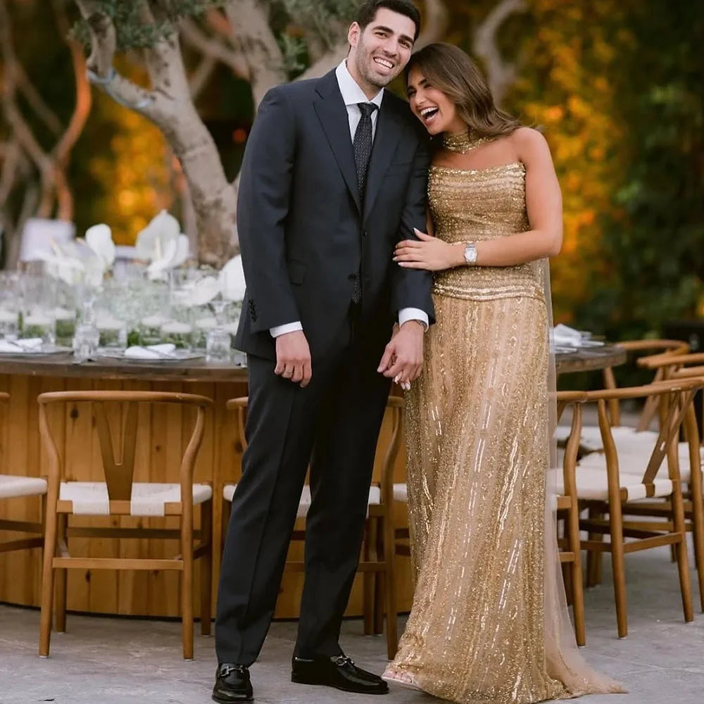 Luxury Caramel A-Line Beaded Evening Dress for Dubai Occasion LA72873