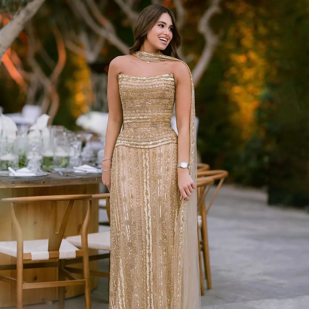 Luxury Caramel A-Line Beaded Evening Dress for Dubai Occasion LA72873