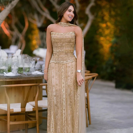 Luxury Caramel A-Line Beaded Evening Dress for Dubai Occasion LA72873