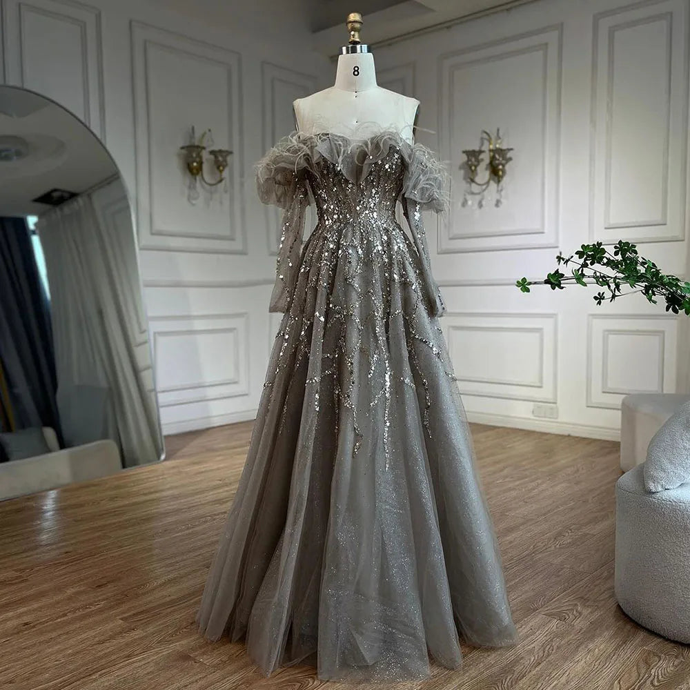 Luxury Caramel Beaded Feather A-Line Sparkle Evening Dress LA71328A