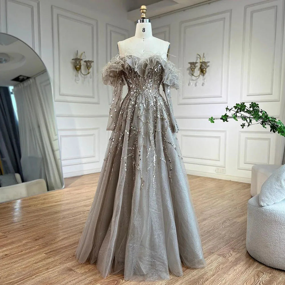 Luxury Caramel Beaded Feather A-Line Sparkle Evening Dress LA71328A