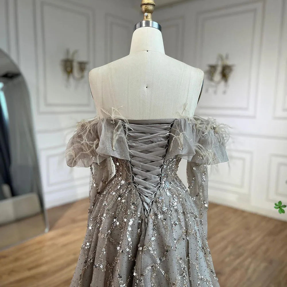 Luxury Caramel Beaded Feather A-Line Sparkle Evening Dress LA71328A