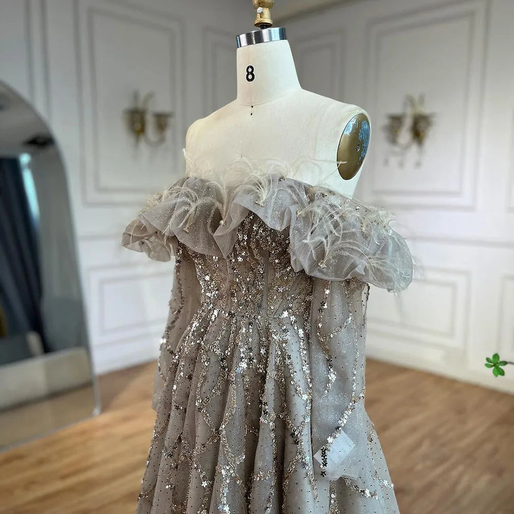 Luxury Caramel Beaded Feather A-Line Sparkle Evening Dress LA71328A