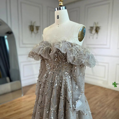 Luxury Caramel Beaded Feather A-Line Sparkle Evening Dress LA71328A