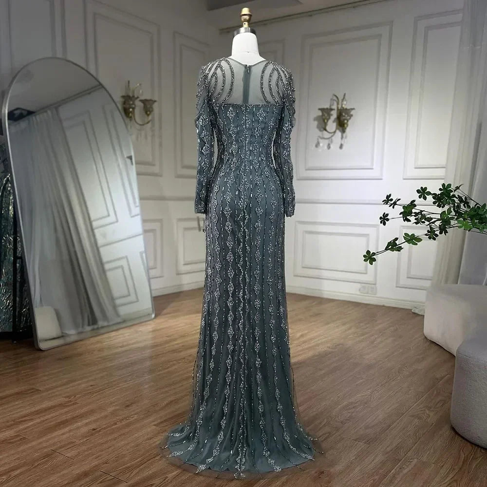 Luxury Sage Green Dubai Evening Dresses Mermaid Muslim Long Sleeves LA72292