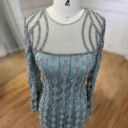 Luxury Sage Green Dubai Evening Dresses Mermaid Muslim Long Sleeves LA72292