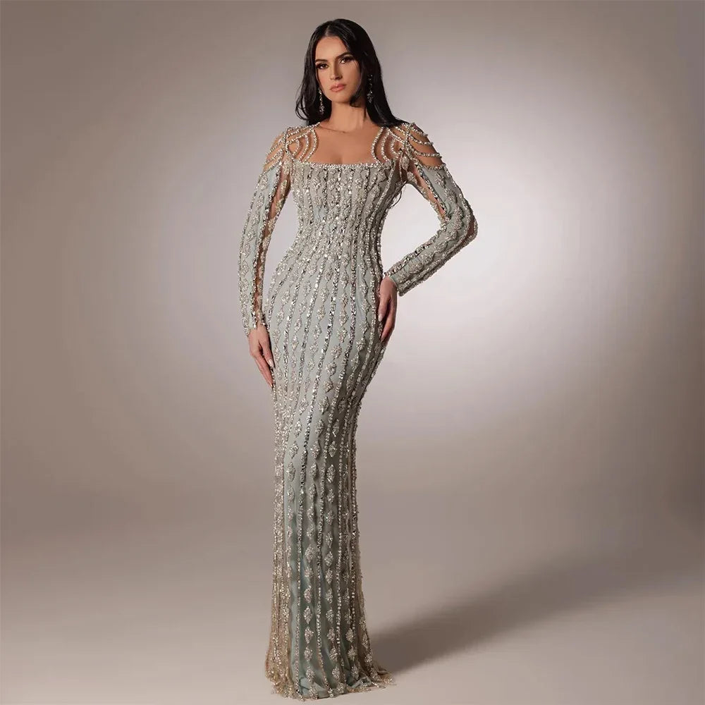 Luxury Sage Green Dubai Evening Dresses Mermaid Muslim Long Sleeves LA72292