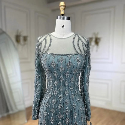 Luxury Sage Green Dubai Evening Dresses Mermaid Muslim Long Sleeves LA72292