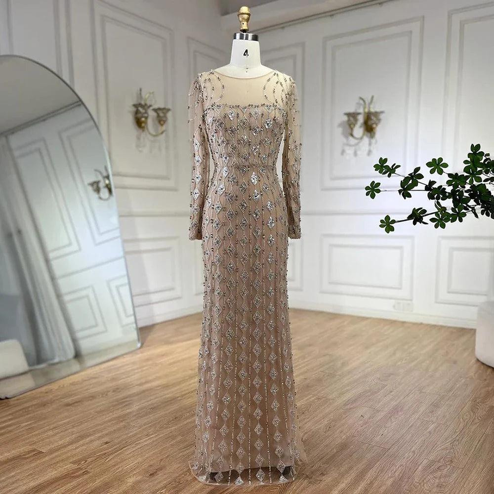 Luxury Sage Green Dubai Evening Dresses Mermaid Muslim Long Sleeves LA72292