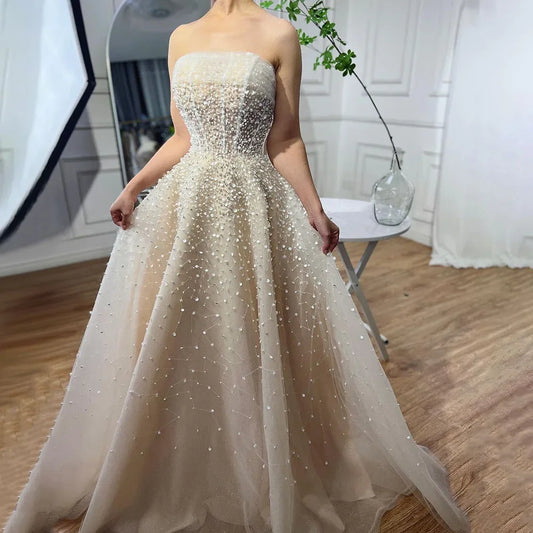 Pearls White Nude Arabic Evening Dresses with Gloves LA72009