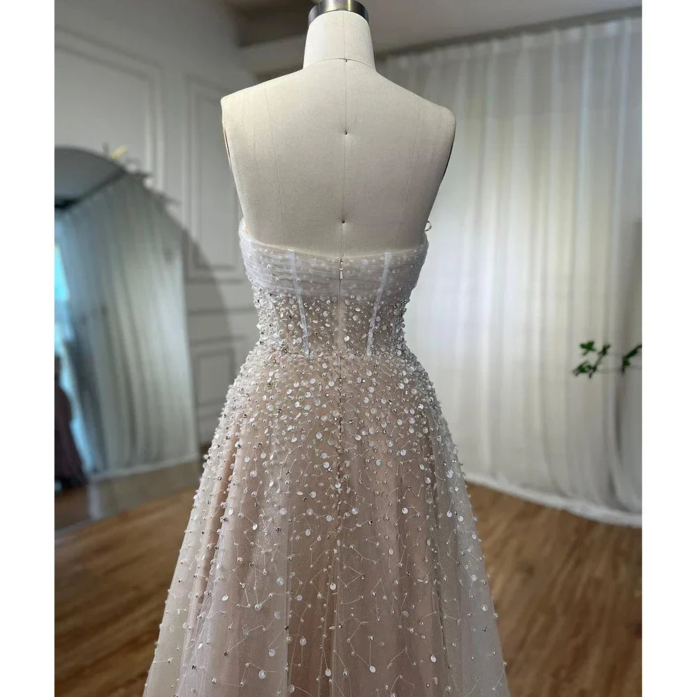 Pearls White Nude Arabic Evening Dresses with Gloves LA72009