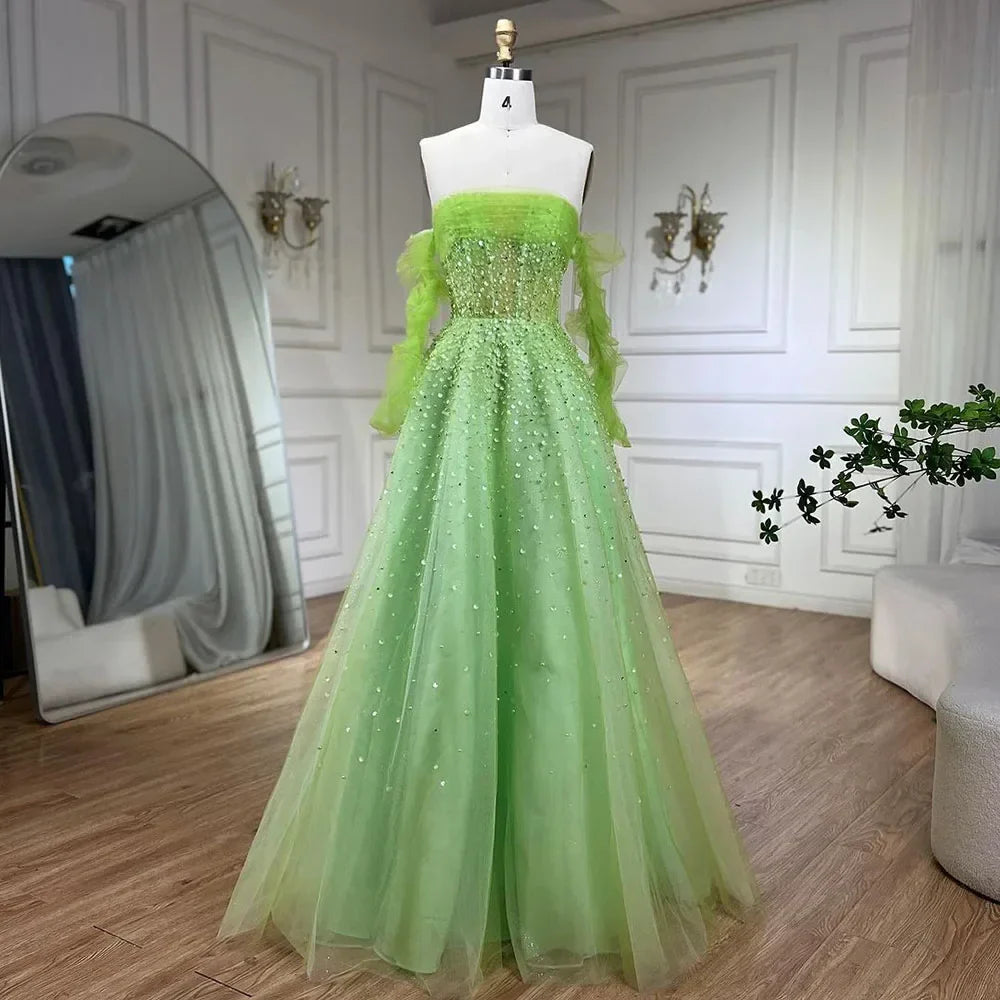 Pearls White Nude Arabic Evening Dresses with Gloves LA72009