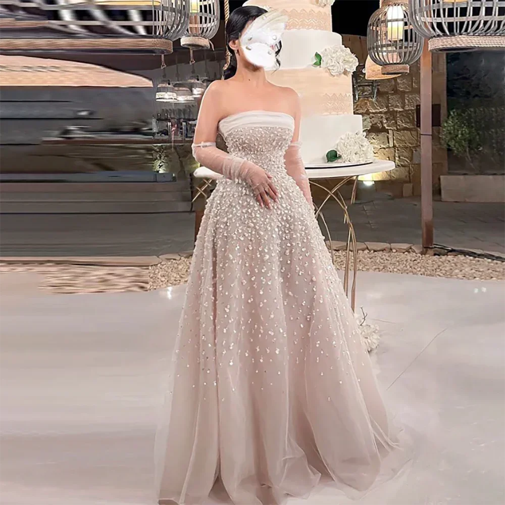 Pearls White Nude Arabic Evening Dresses with Gloves LA72009