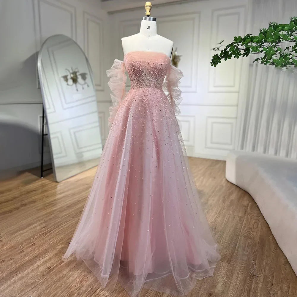 Pearls White Nude Arabic Evening Dresses with Gloves LA72009