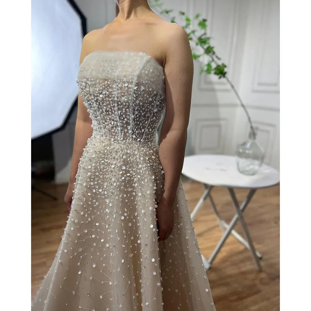 Pearls White Nude Arabic Evening Dresses with Gloves LA72009