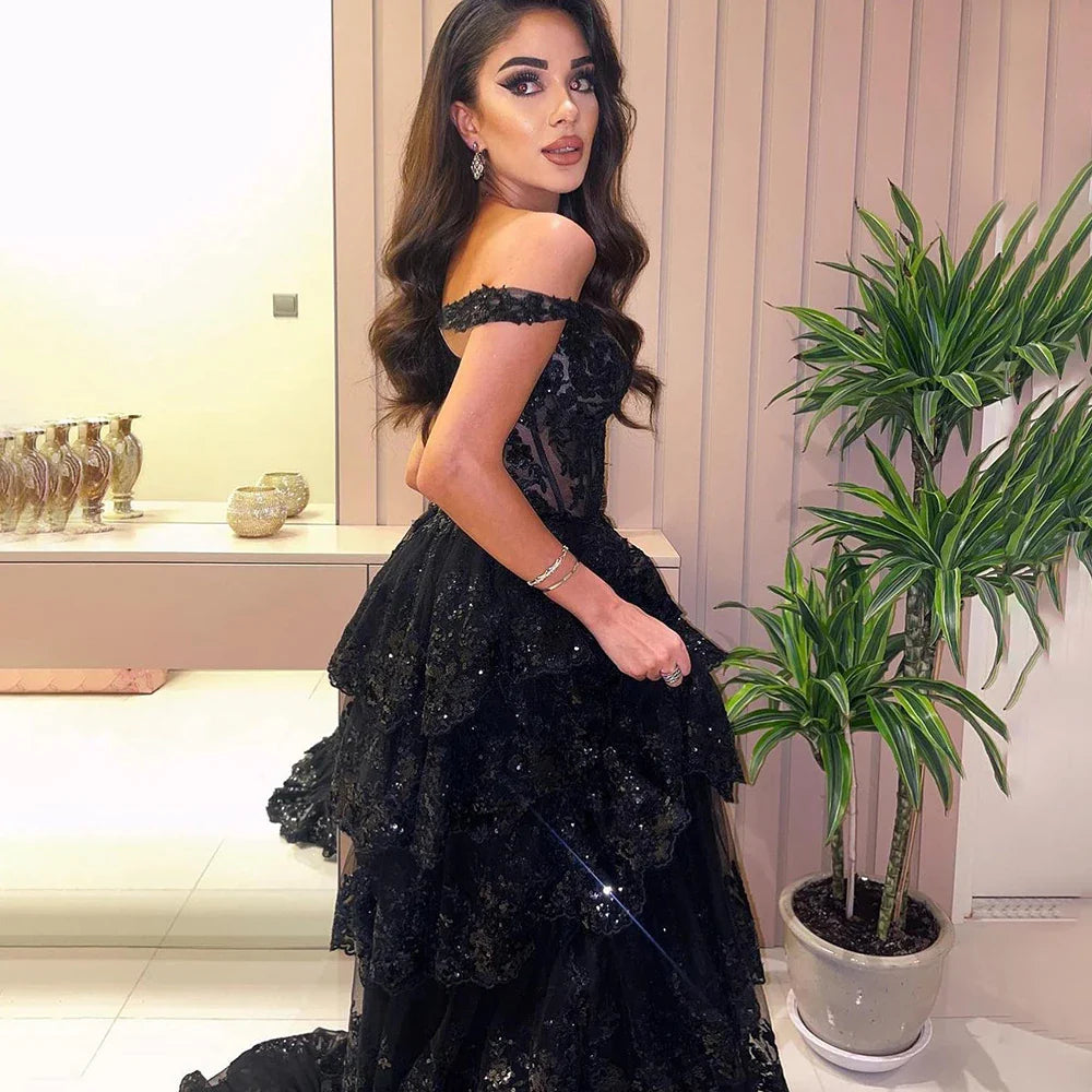 SERENE HILL A-Line/Princess Tulle Lace er Court Train Prom  Dress With Ruffles Sequins LA72586