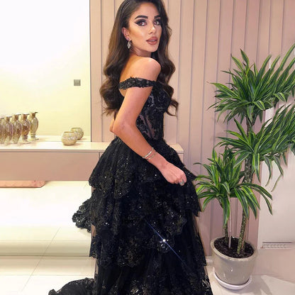 SERENE HILL A-Line/Princess Tulle Lace er Court Train Prom  Dress With Ruffles Sequins LA72586