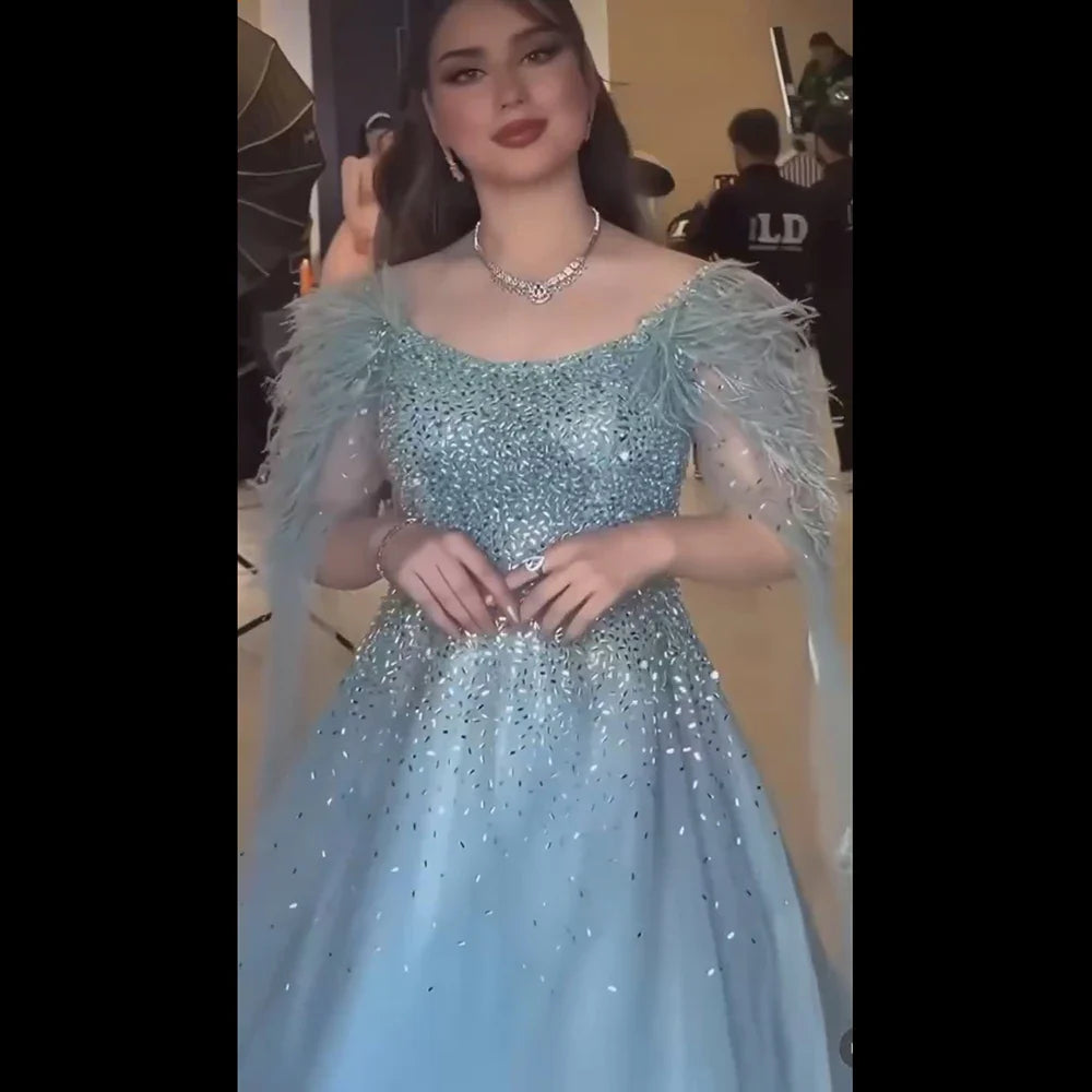 Luxury Blue A-Line Feathers Beaded Evening Dress with Cape Sleeves LA71782A