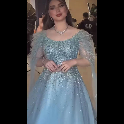 Luxury Blue A-Line Feathers Beaded Evening Dress with Cape Sleeves LA71782A
