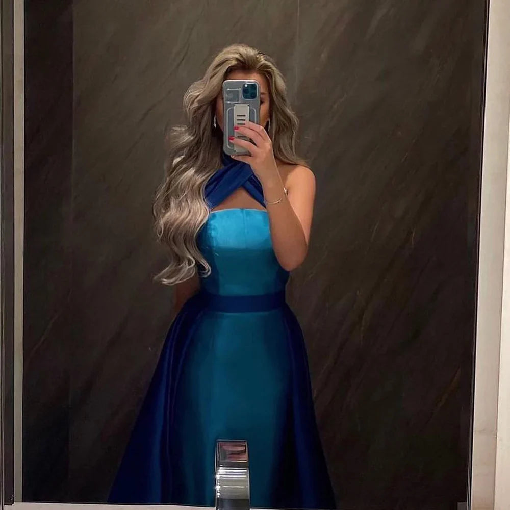 Blue Contrast Turquoise Evening Dress with Overskirt LA72197