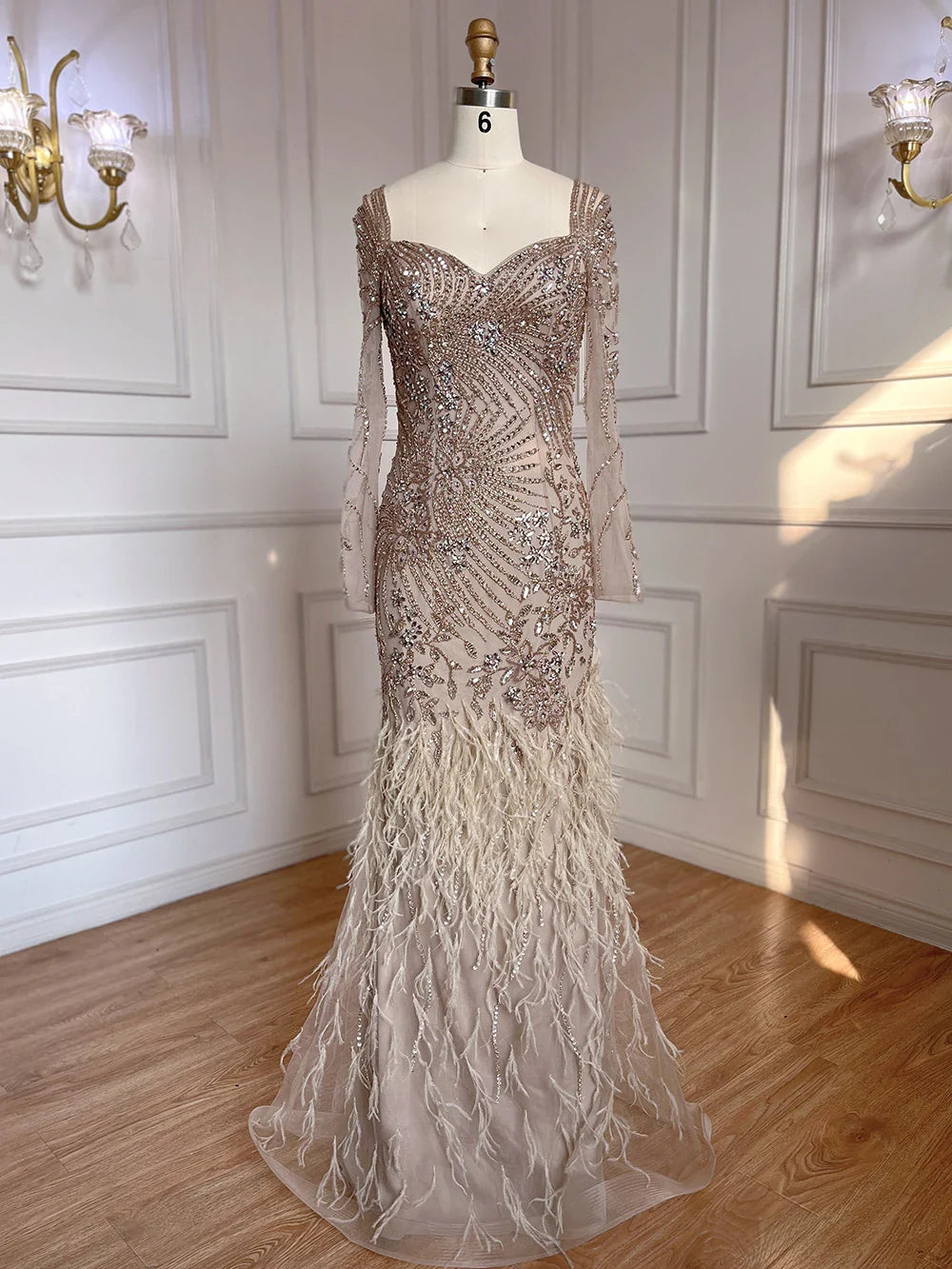 Arabic Blue Feather Beaded Mermaid Evening Dress for Women LA71818