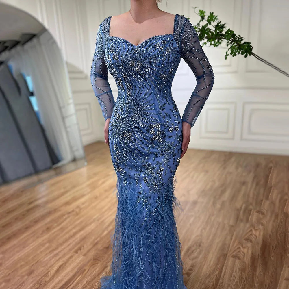 Arabic Blue Feather Beaded Mermaid Evening Dress for Women LA71818