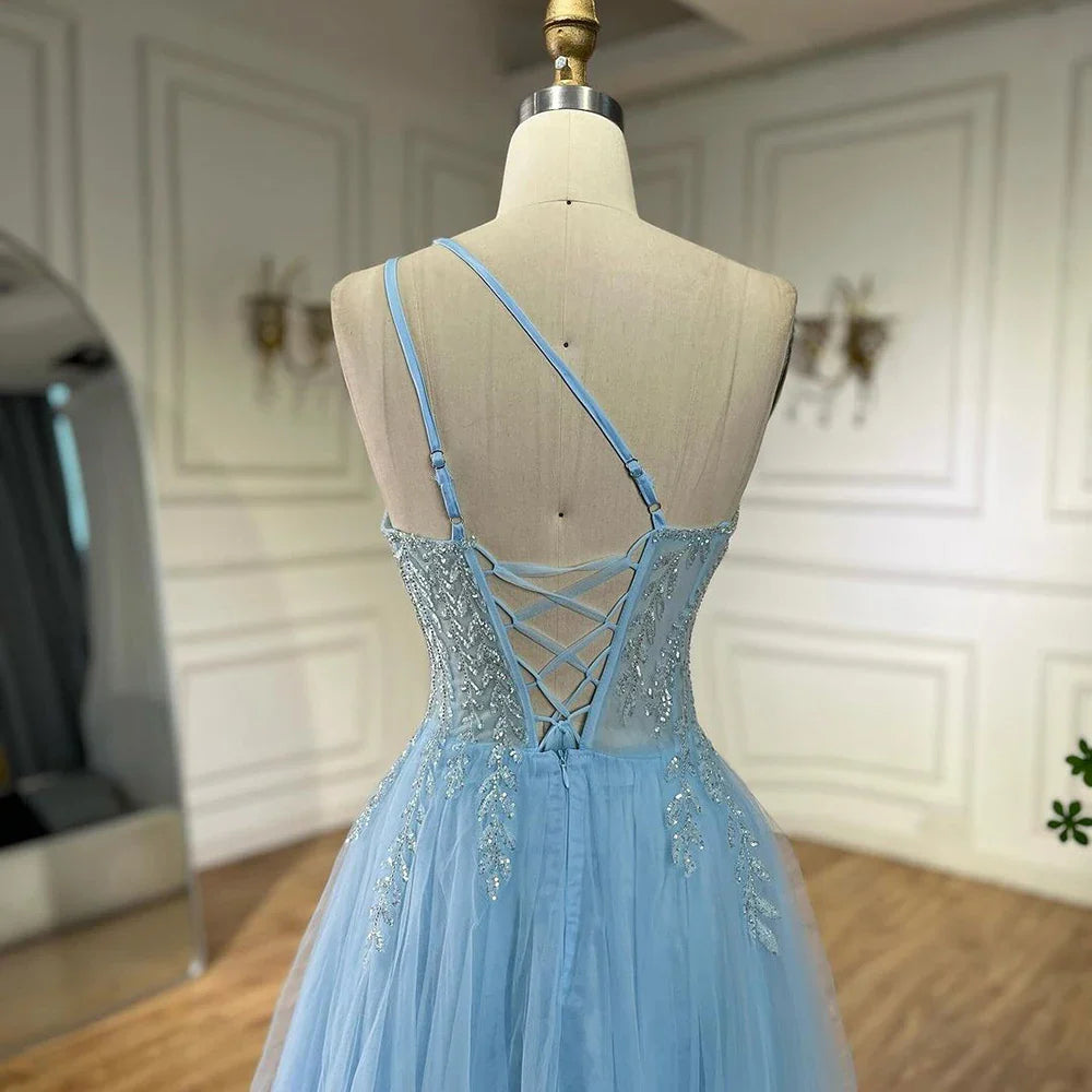 Serene Hill Arabic Blue Spaghetti Strap A Line One Shoulder Beaded Luxury Evening Dresses Gowns for Women's Party 2025 LA72589
