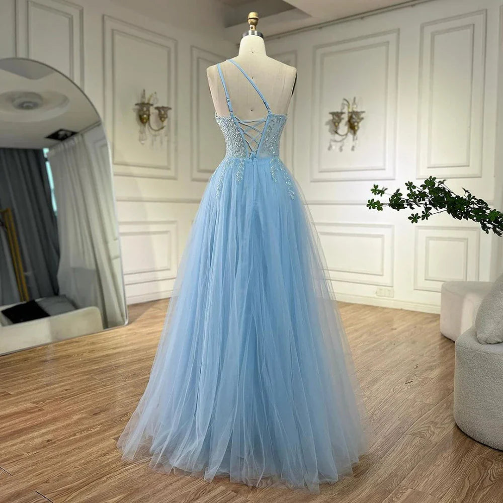 Serene Hill Arabic Blue Spaghetti Strap A Line One Shoulder Beaded Luxury Evening Dresses Gowns for Women's Party 2025 LA72589