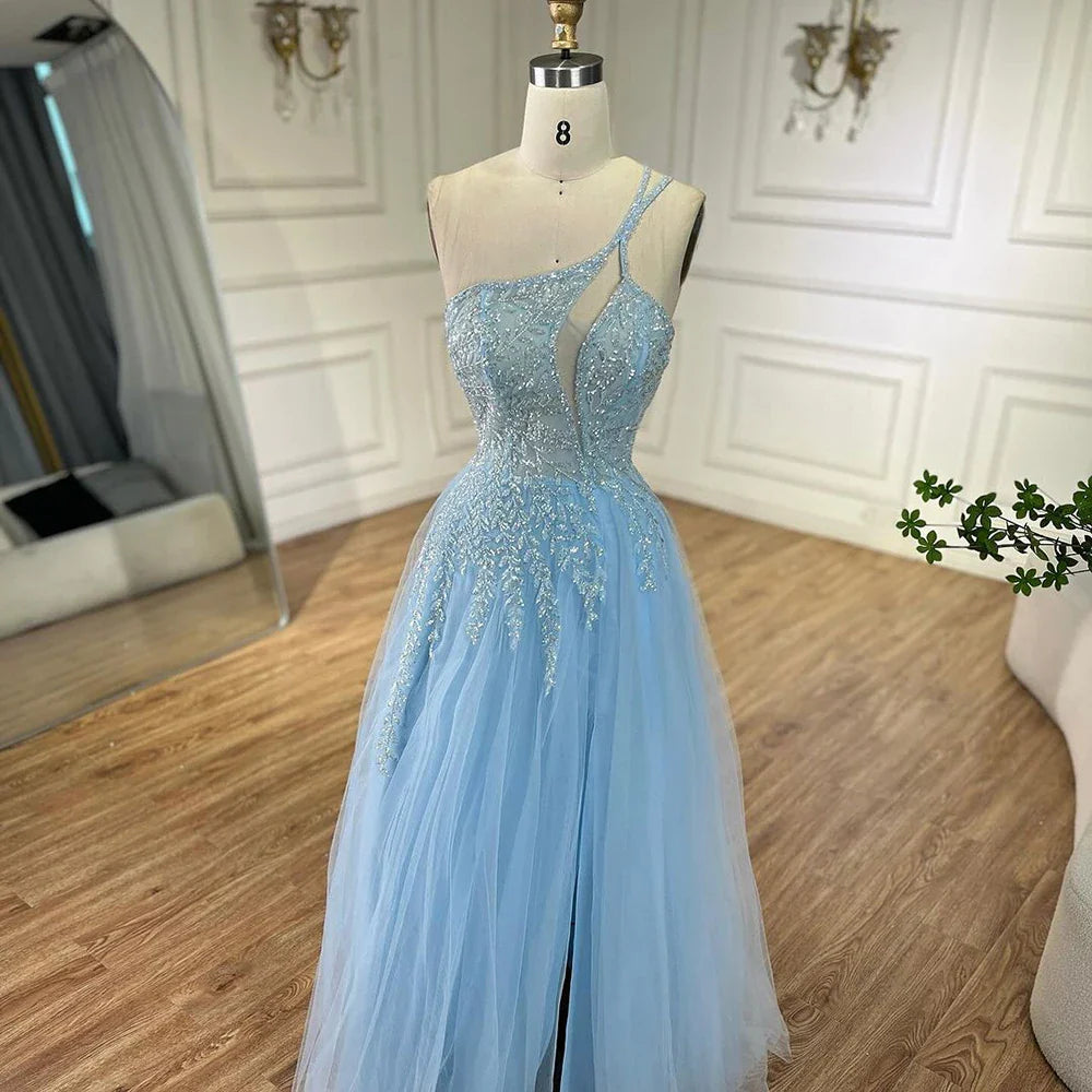 Serene Hill Arabic Blue Spaghetti Strap A Line One Shoulder Beaded Luxury Evening Dresses Gowns for Women's Party 2025 LA72589