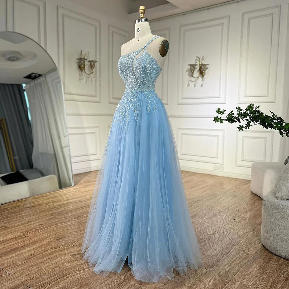 Serene Hill Arabic Blue Spaghetti Strap A Line One Shoulder Beaded Luxury Evening Dresses Gowns for Women's Party 2025 LA72589