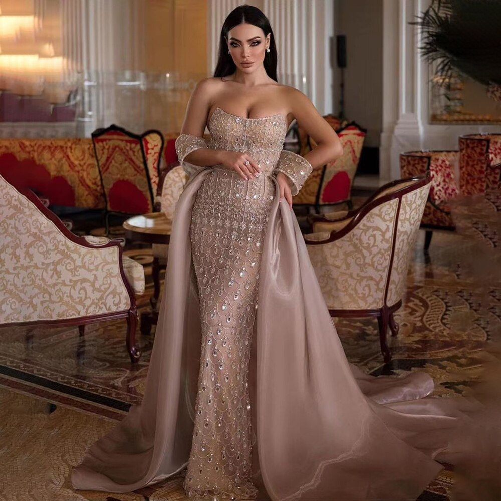 Luxury Caramel Beaded Mermaid Evening Dress with Overskirt LA71922