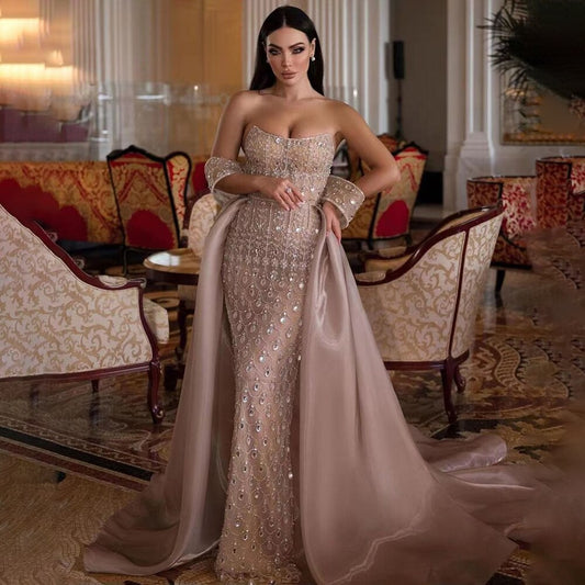 Luxury Caramel Beaded Mermaid Evening Dress with Overskirt LA71922