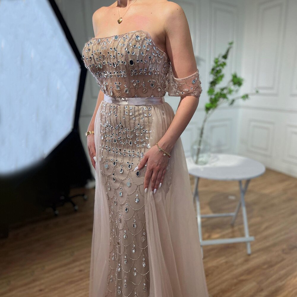 Luxury Caramel Beaded Mermaid Evening Dress with Overskirt LA71922