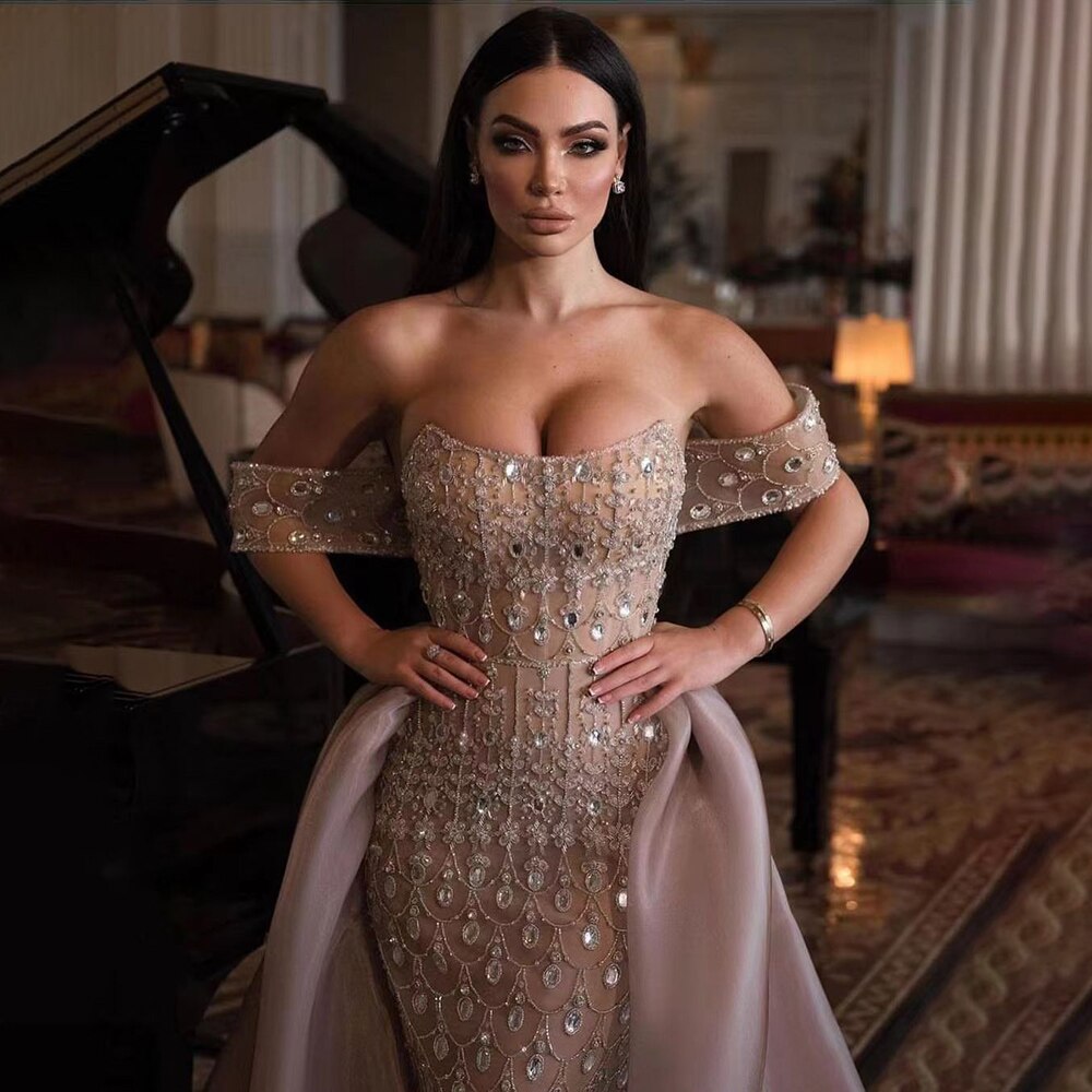 Luxury Caramel Beaded Mermaid Evening Dress with Overskirt LA71922