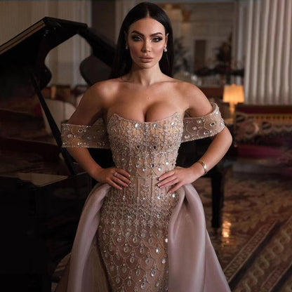 Luxury Caramel Beaded Mermaid Evening Dress with Overskirt LA71922