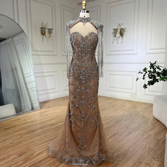 Luxury Dubai Caramel Mermaid Tassel Beaded Evening Dress LA72237A