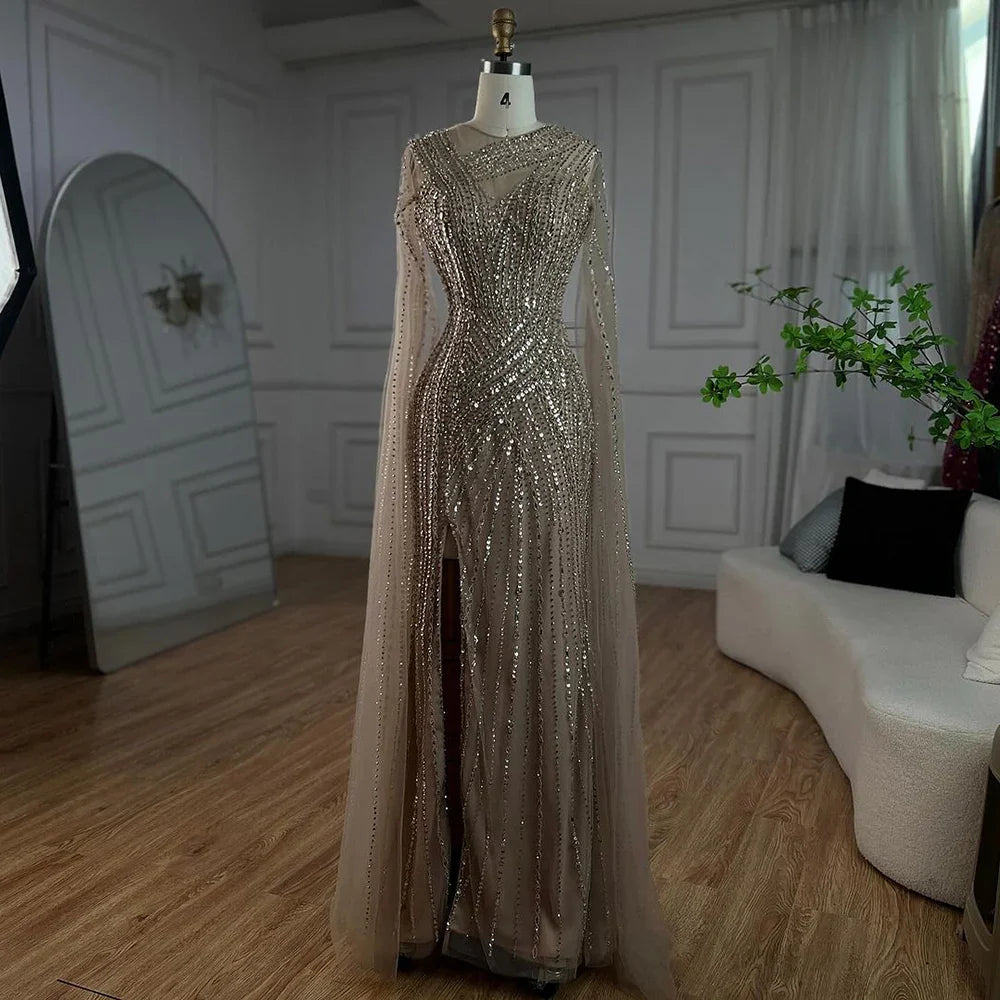 Luxury Nude Beaded Mermaid Evening Dress with Cape Sleeves LA71429B