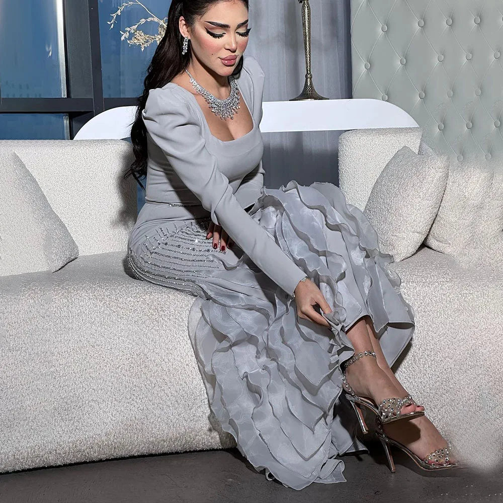 Luxury Arabic Gray Mermaid Elegant Ankle Length Beaded Satin Evening Dresses Gowns LA72317