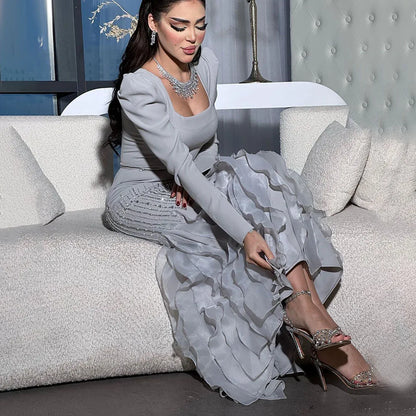 Luxury Arabic Gray Mermaid Elegant Ankle Length Beaded Satin Evening Dresses Gowns LA72317