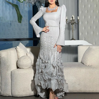 Luxury Arabic Gray Mermaid Elegant Ankle Length Beaded Satin Evening Dresses Gowns LA72317
