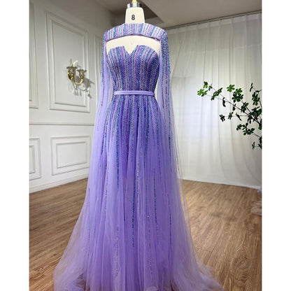 Luxury Dubai Fuchsia Evening Dress with Cape Sleeves LA71912