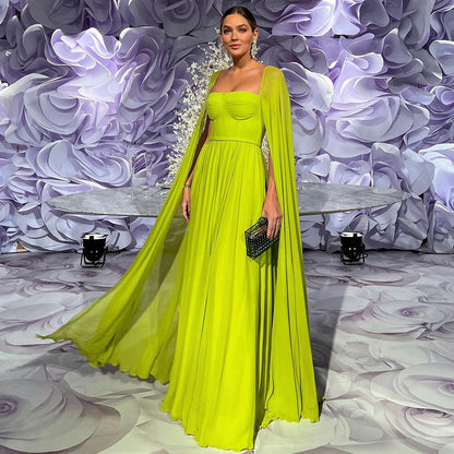 Saudi Arabic Lemon Yellow Dubai Evening Dresses with Cape LA71988