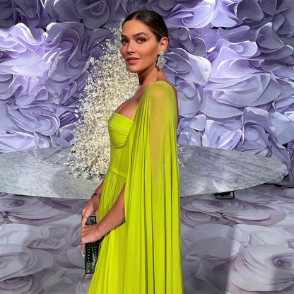 Saudi Arabic Lemon Yellow Dubai Evening Dresses with Cape LA71988